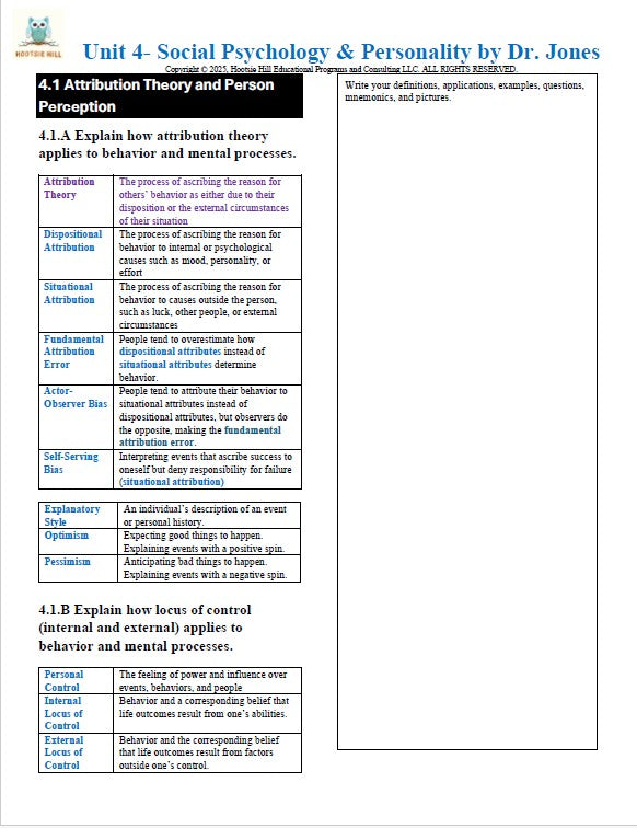Sheet of paper with text and tables on social psychology and personality theory, titled 'Unit 4: Social Psychology & Personality by Dr. Jones'.